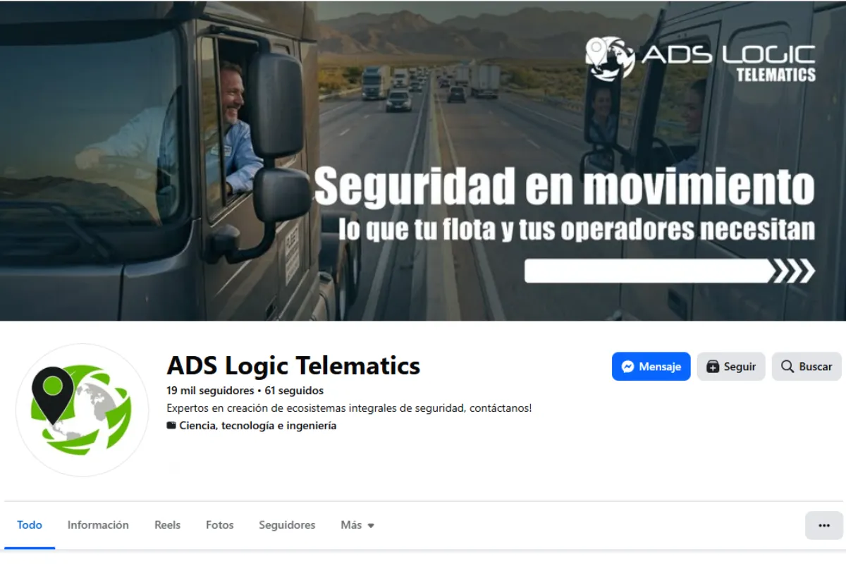 Página de Facebook de ADS Logic Telematics, con 19 mil seguidores.